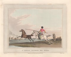 Un cureuil attrachant son cheval, gravure  l'aquatinte de chasse, 1813