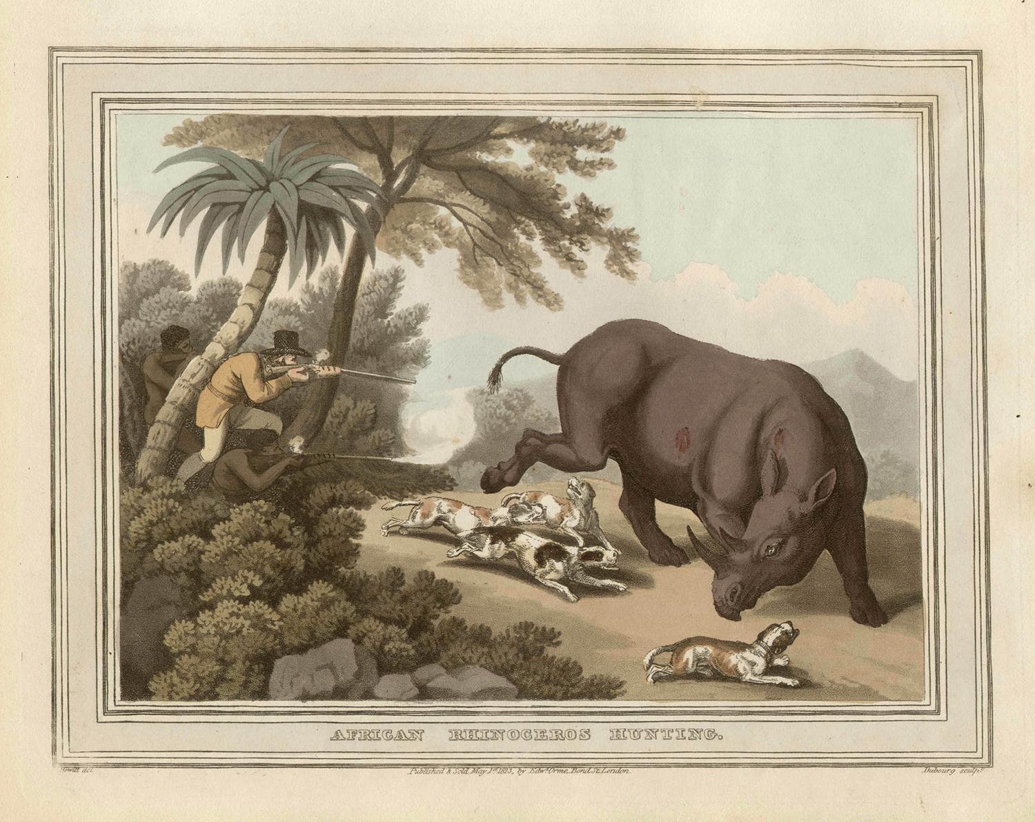 Samuel Howitt Animal Print - African Rhinoceros Hunting, antique African hunting engraving print, 1813