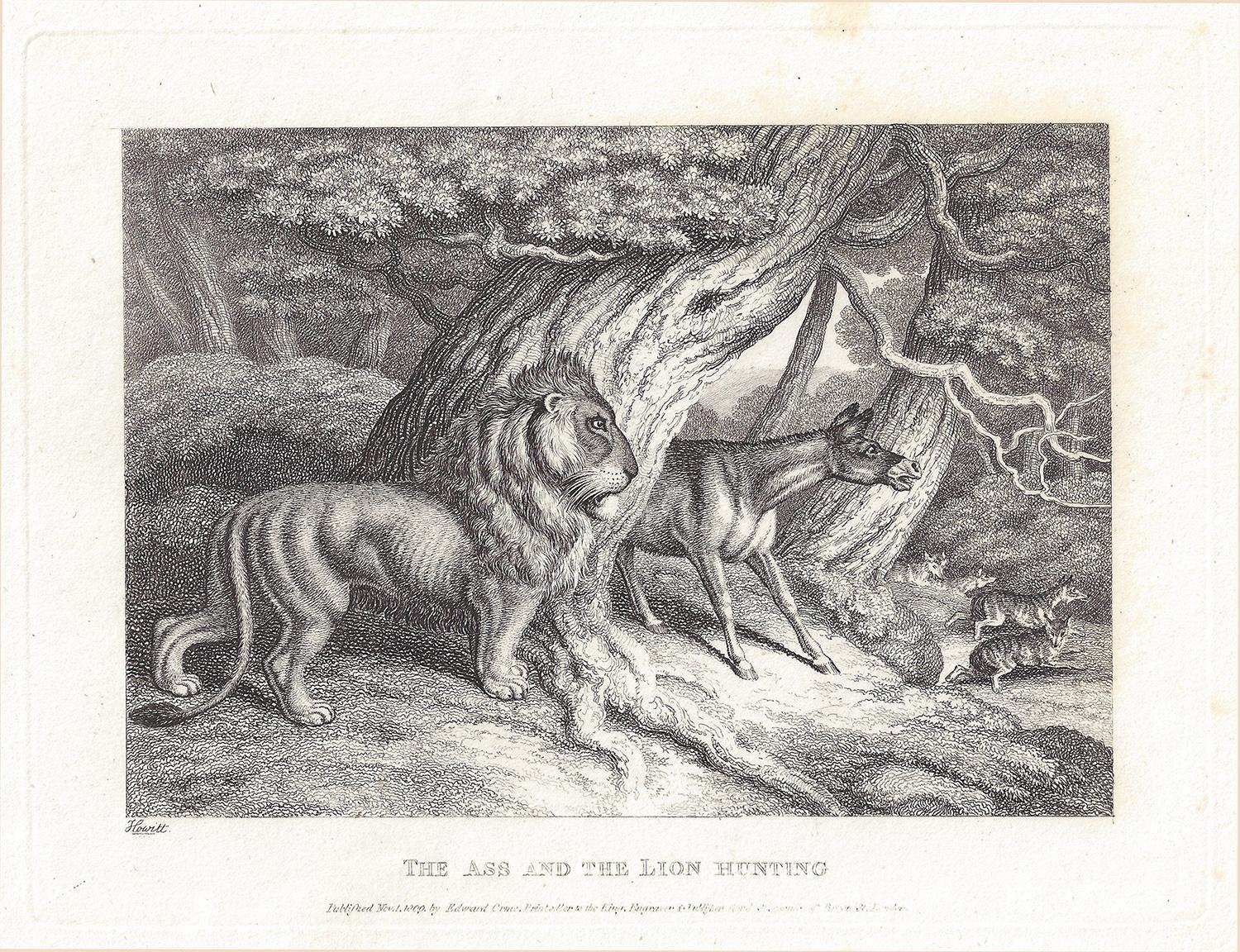 Ass and the Lion Hunting, antique animal fable etching by Samuel Howitt