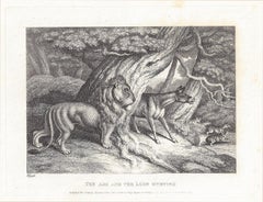 El asno y el león cazando, antiguo grabado de fábula animal de Samuel Howitt