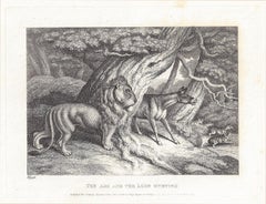 Ass and the Lion Hunting, antique animal fable etching by Samuel Howitt