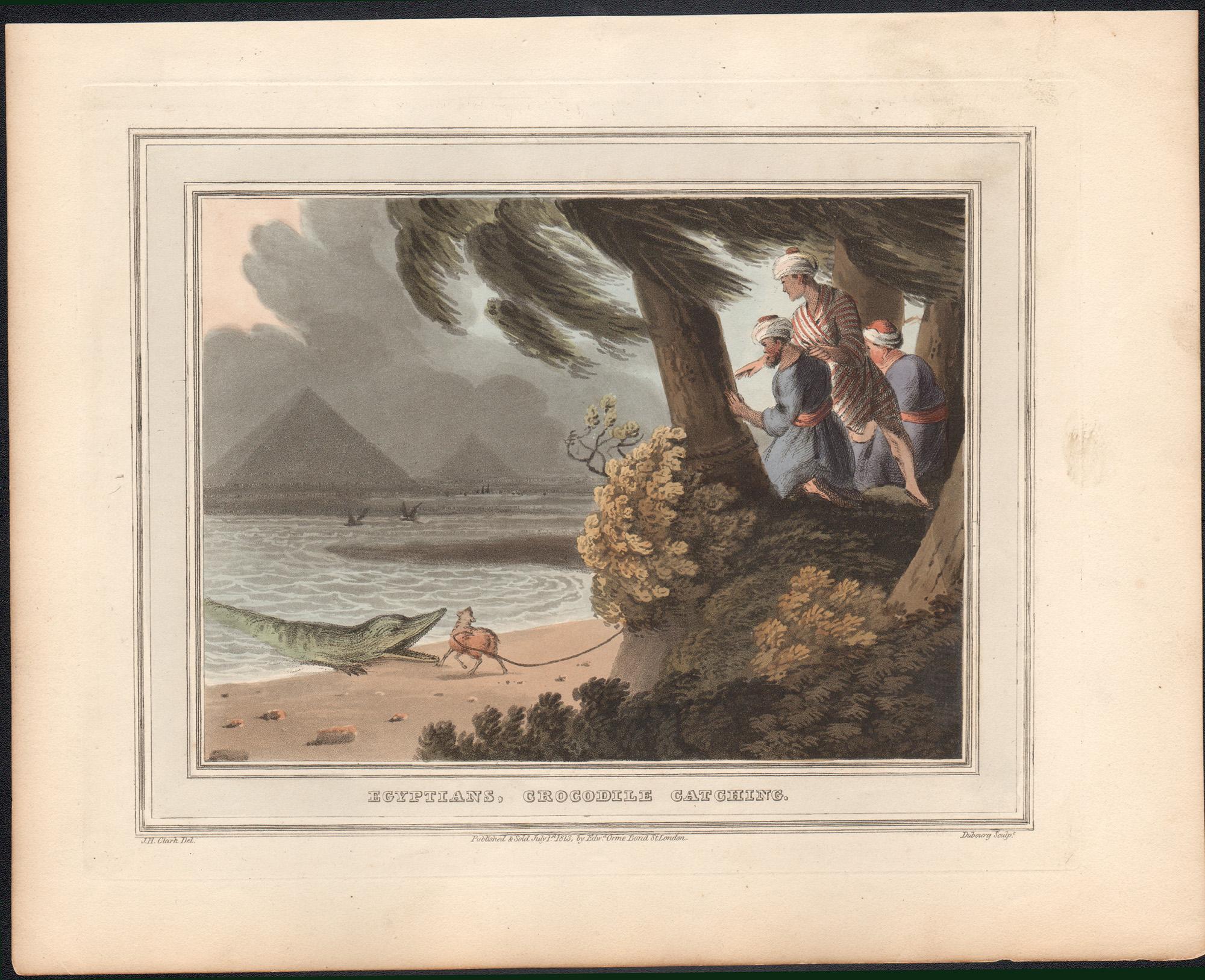 Ägyptische Ägypter, Krokodilcatching, Aquatinta-Gravur- Jagddruck, 1813 – Print von Samuel Howitt