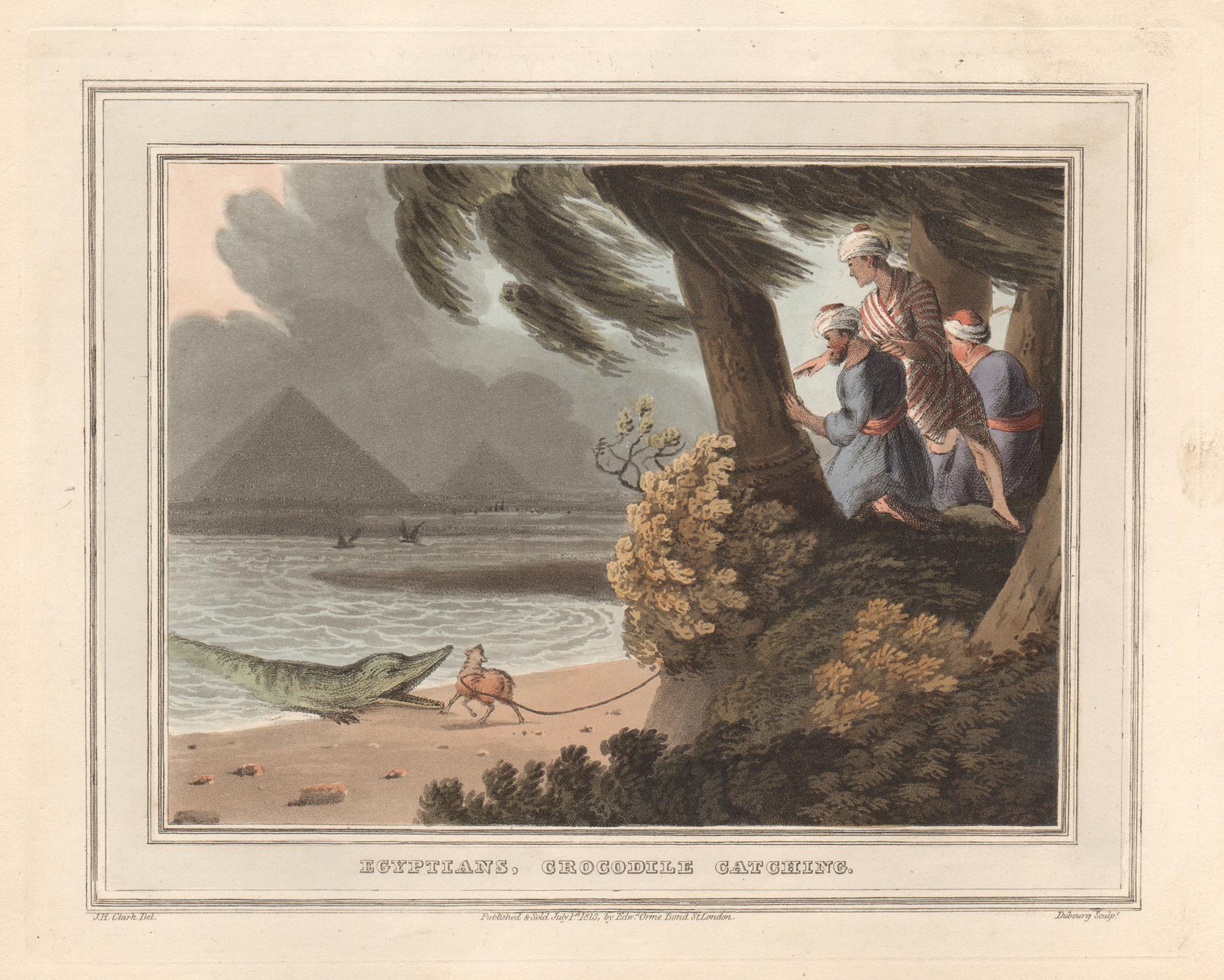 Ägyptische Ägypter, Krokodilcatching, Aquatinta-Gravur- Jagddruck, 1813
