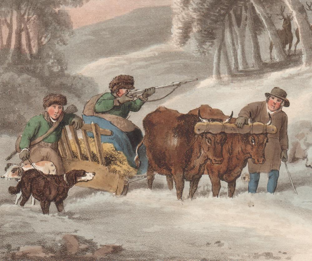 German Deer Shooting, Winter, aquatint engraving hunting print, 1813 - Print by Samuel Howitt