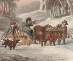 German Deer Shooting, Winter, aquatint engraving hunting print, 1813