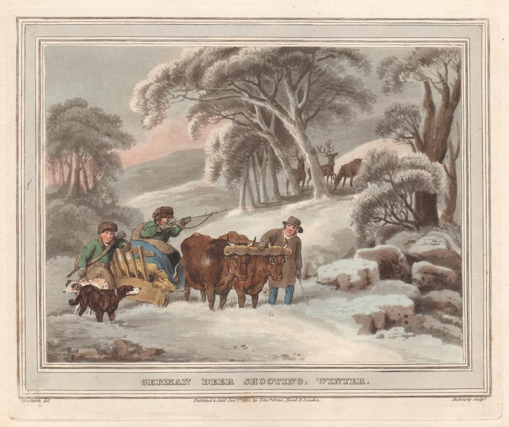 Samuel Howitt Animal Print - German Deer Shooting, Winter, aquatint engraving hunting print, 1813