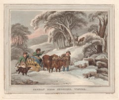 Gravure allemande de chasse de cerfs, hiver, aquatinte de chasse, 1813