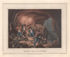 Antique Killing Seals in a Cavern, Summer, aquatint engraving hunting print, 1813