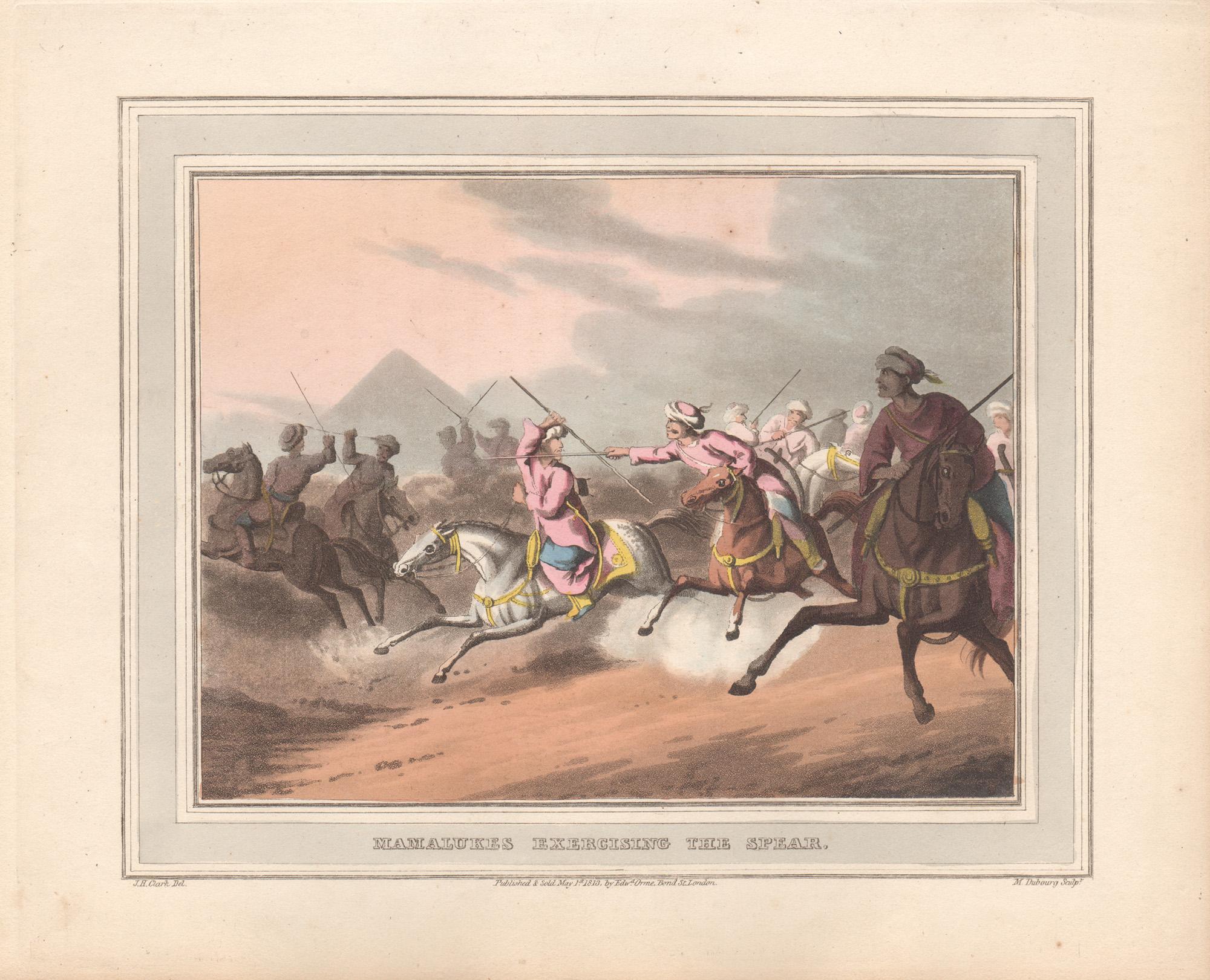Samuel Howitt Print – Mamalukes „Excussing the Spear“, Aquatinta-Gravur- Jagddruck mit Jagdmotiv, 1813