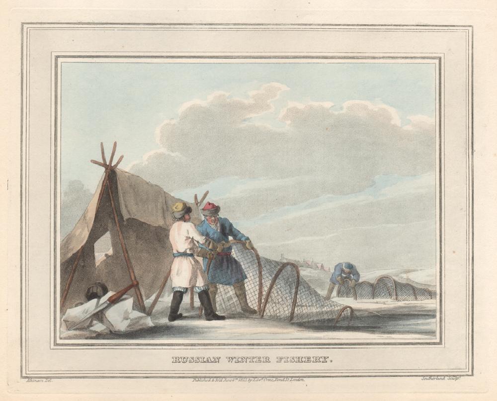 Samuel Howitt Animal Print - Russian Winter Fishery, aquatint engraving hunting print, 1813