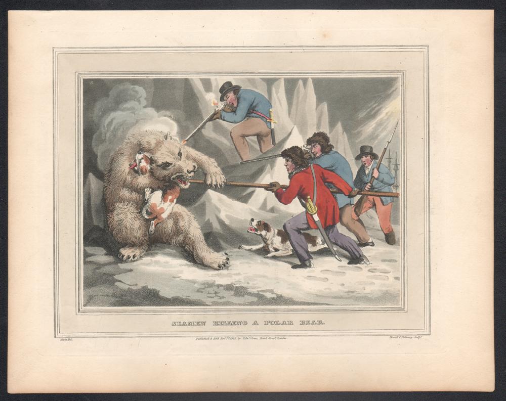 Seamen Killing a Polar Bear, aquatint engraving field sport hunting print, 1813 - Naturalistic Print by Samuel Howitt