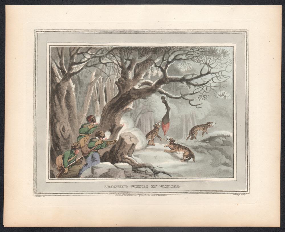 Shooting the Wolves in Winter, aquatint engraving hunting print, 1813 - Print by Samuel Howitt