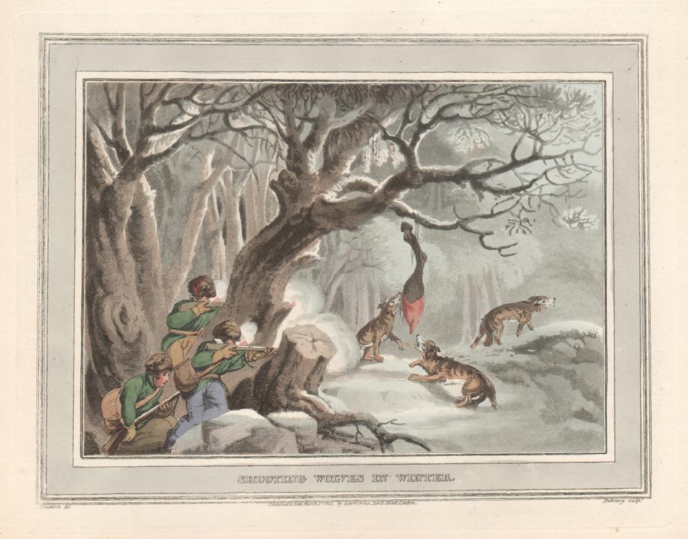 Samuel Howitt Animal Print - Shooting the Wolves in Winter, aquatint engraving hunting print, 1813