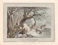 Antique Shooting the Wolves in Winter, aquatint engraving hunting print, 1813