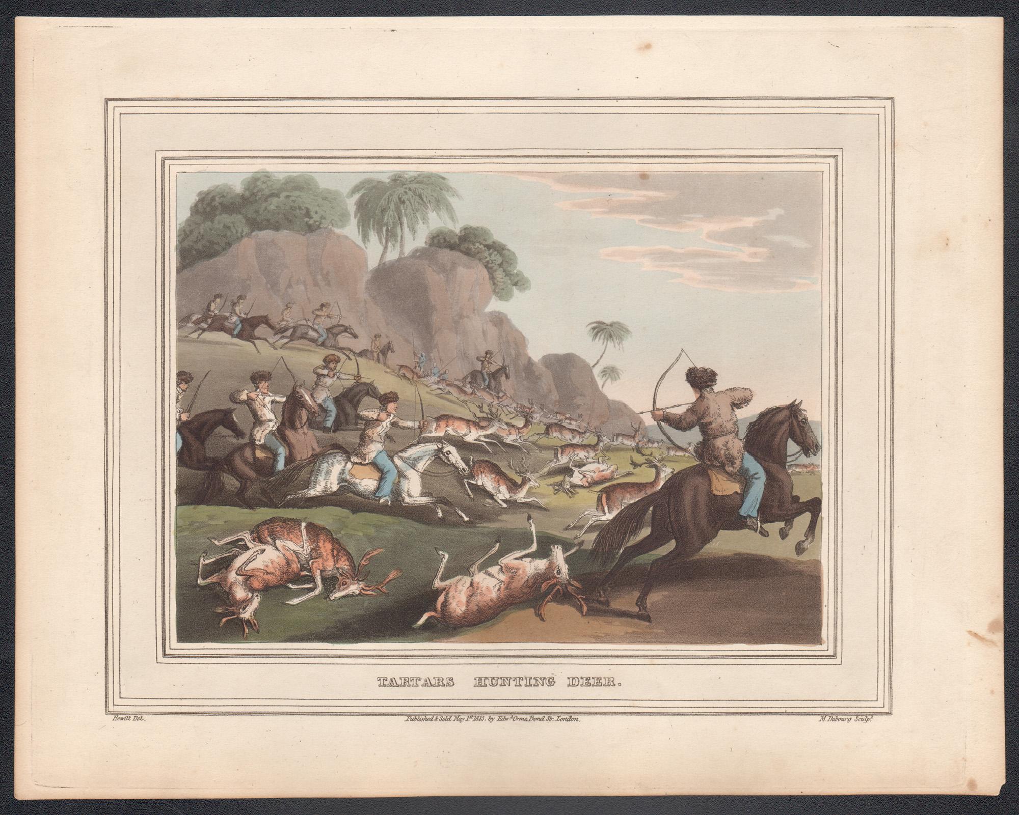 Tartars Hunting Deer, aquatint engraving hunting print, 1813 - Print by Samuel Howitt