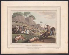Tártaros cazando ciervos, grabado al aguatinta estampa de caza, 1813