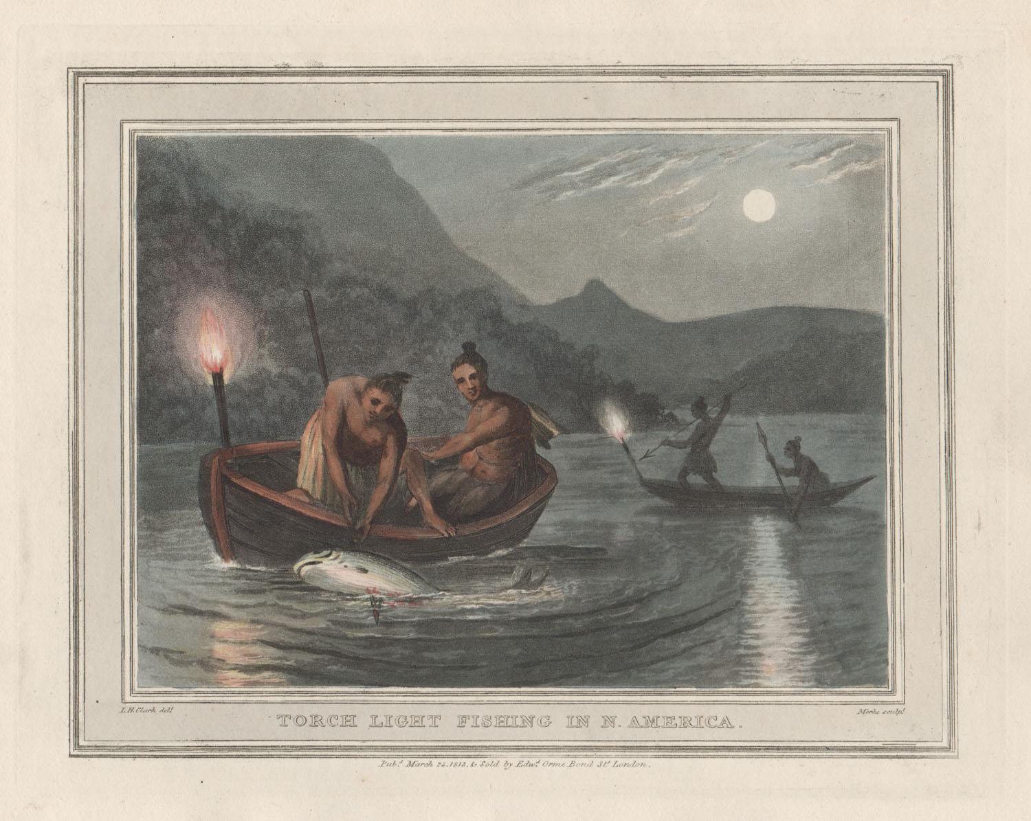 Samuel Howitt Animal Print - Torch Light Fishing in N America, aquatint engraving hunting print, 1813