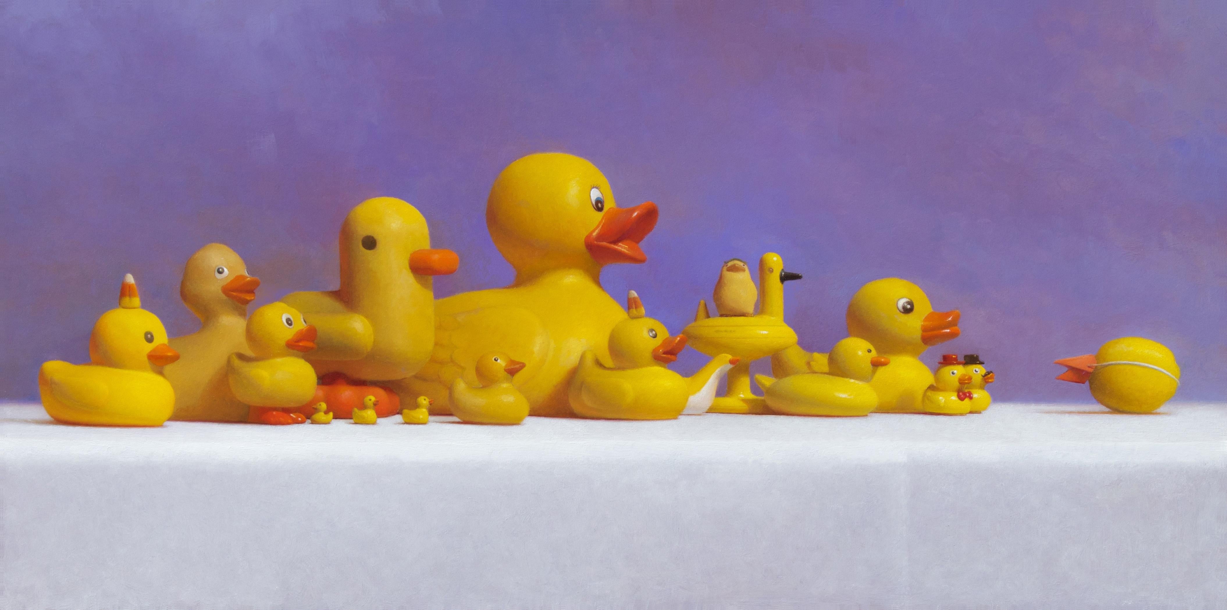 Samuel Hung Still-Life Painting - DUCK SQUAD (YELLOW), still-life, rubber duck, hyper-realism, purple, vivid