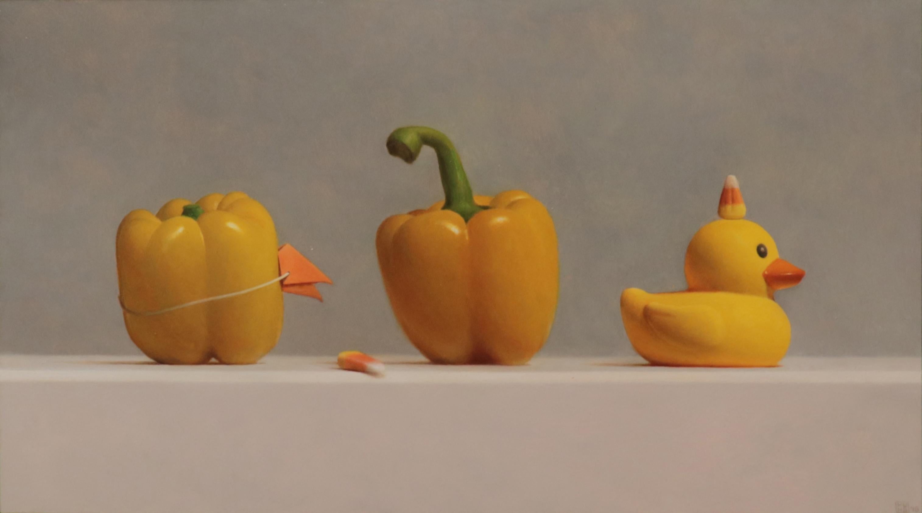 IMPOSTERS #17 (DUCK, YELLOW PEPPERS, & CANDY CORN), still-life, photo-realism - Painting by Samuel Hung