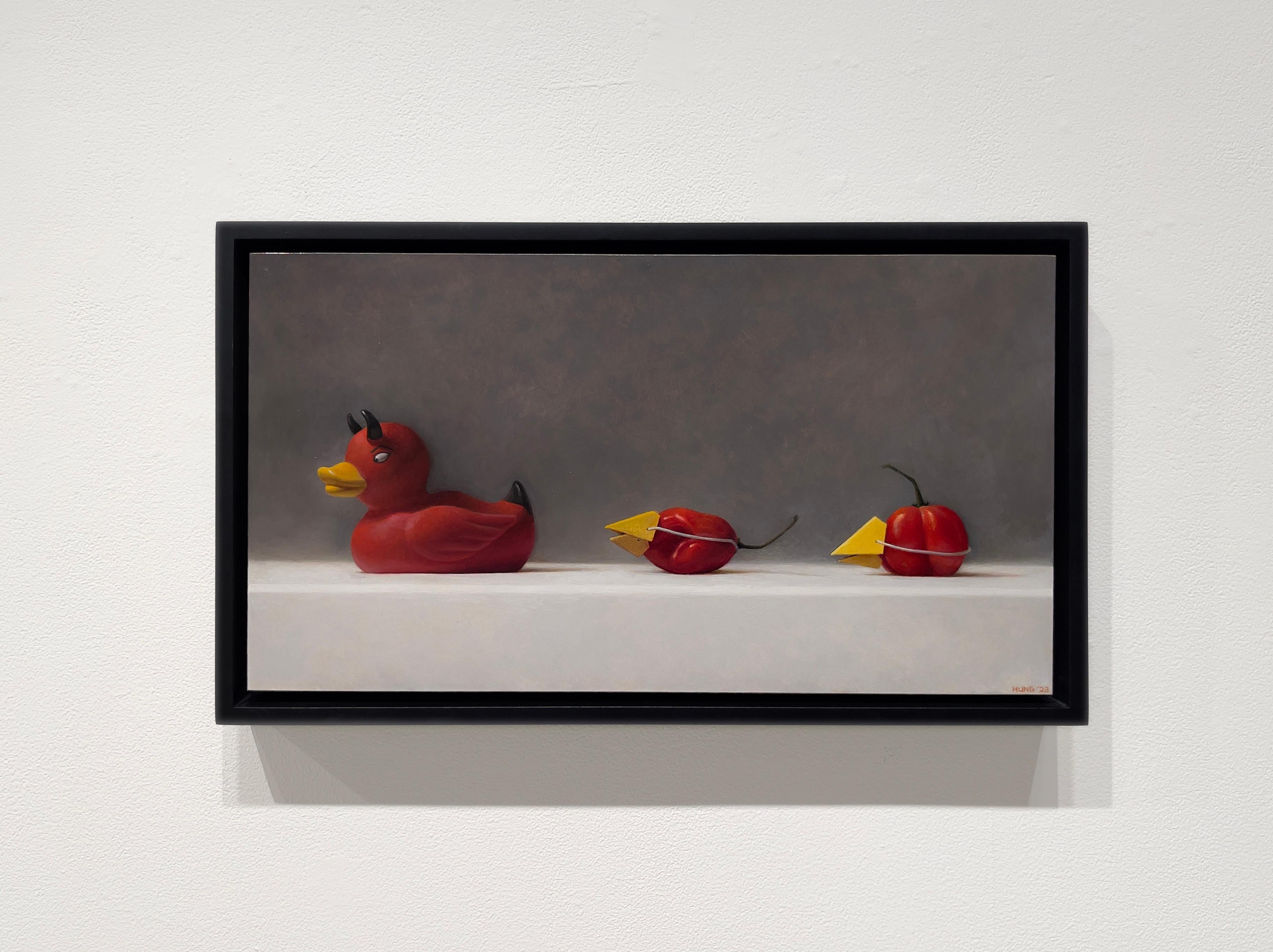 IMPOSTERS #24 (Devil Duck and Habanero Peppers) - Humorous Still Life / Realism  - Painting by Samuel Hung