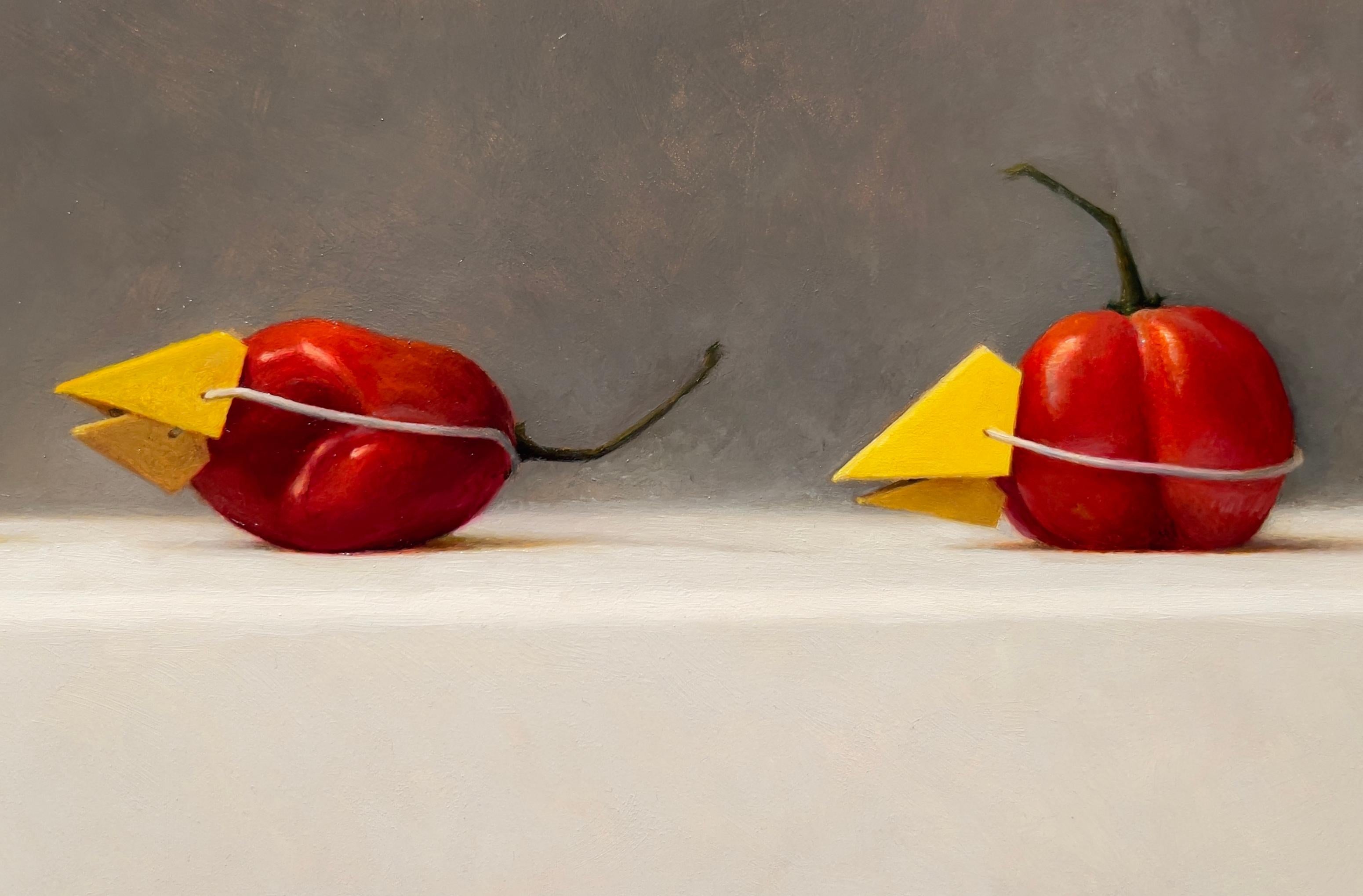 IMPOSTERS #24 (Devil Duck and Habanero Peppers) - Humorous Still Life / Realism  - Black Still-Life Painting by Samuel Hung