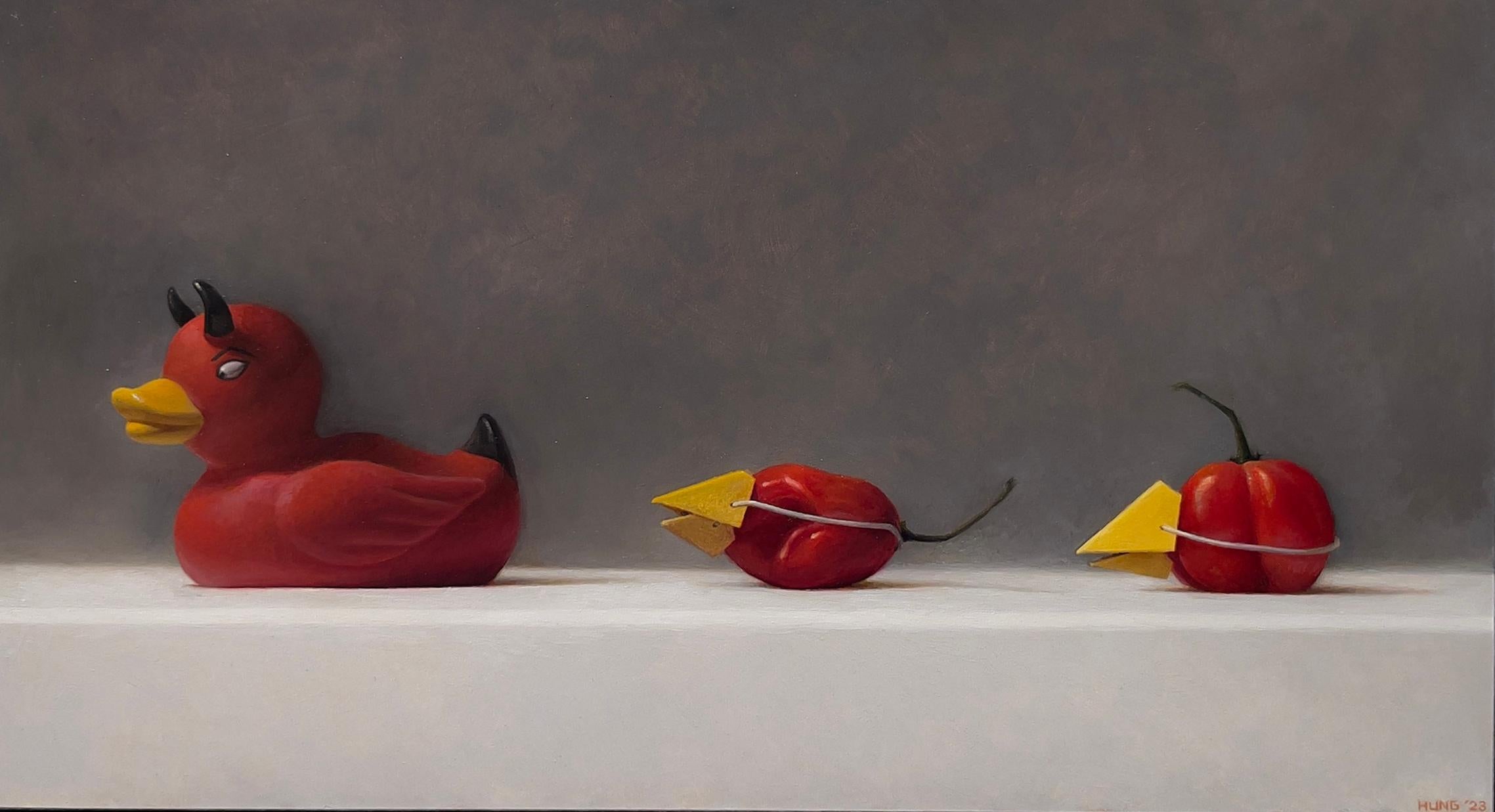 Samuel Hung Still-Life Painting - IMPOSTERS #24 (Devil Duck and Habanero Peppers) - Humorous Still Life / Realism 