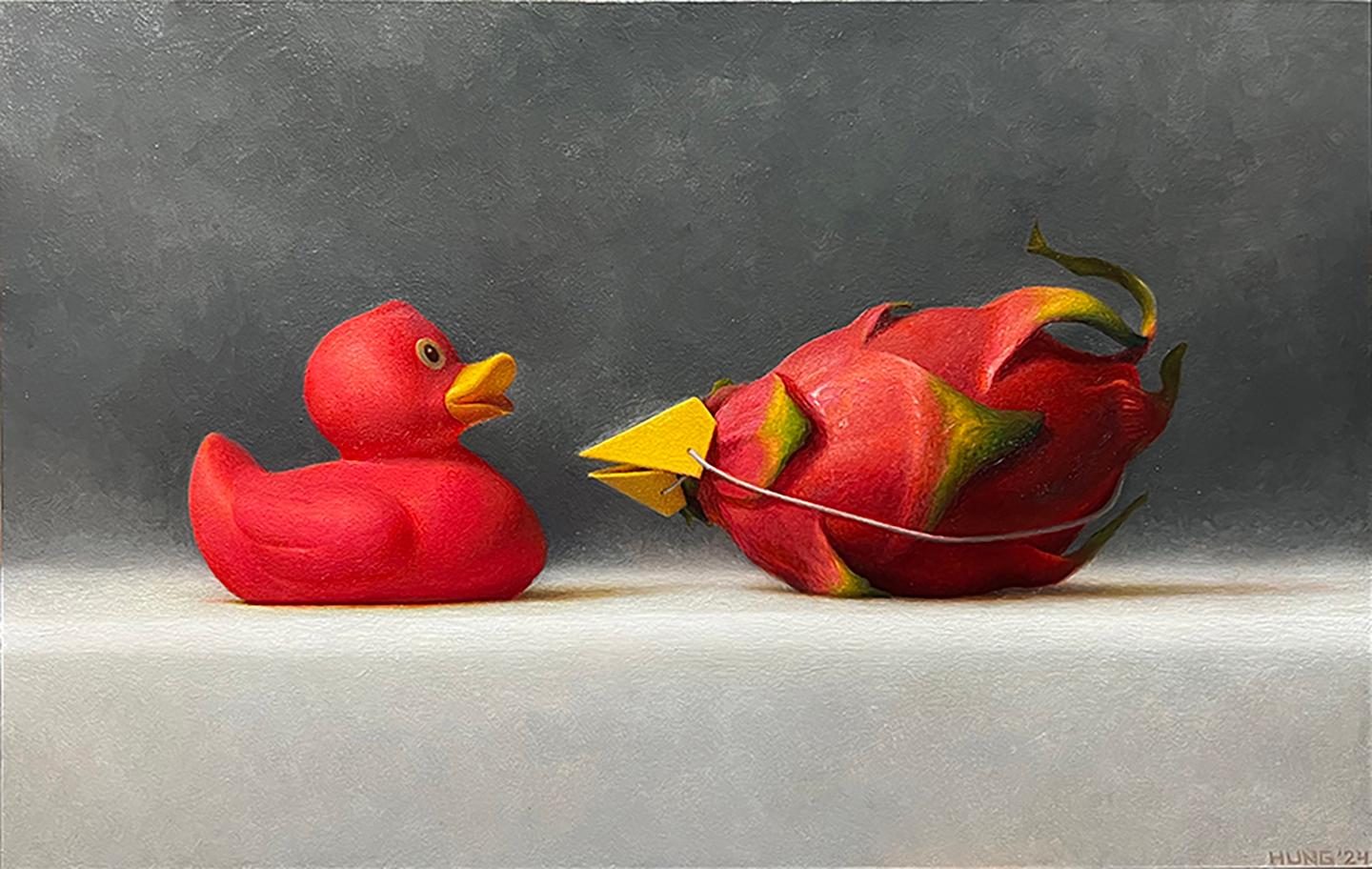Samuel Hung Still-Life Painting - IMPOSTERS #25 (Dragon Fruit and Magenta Duck) - Realism, Toy, Humor