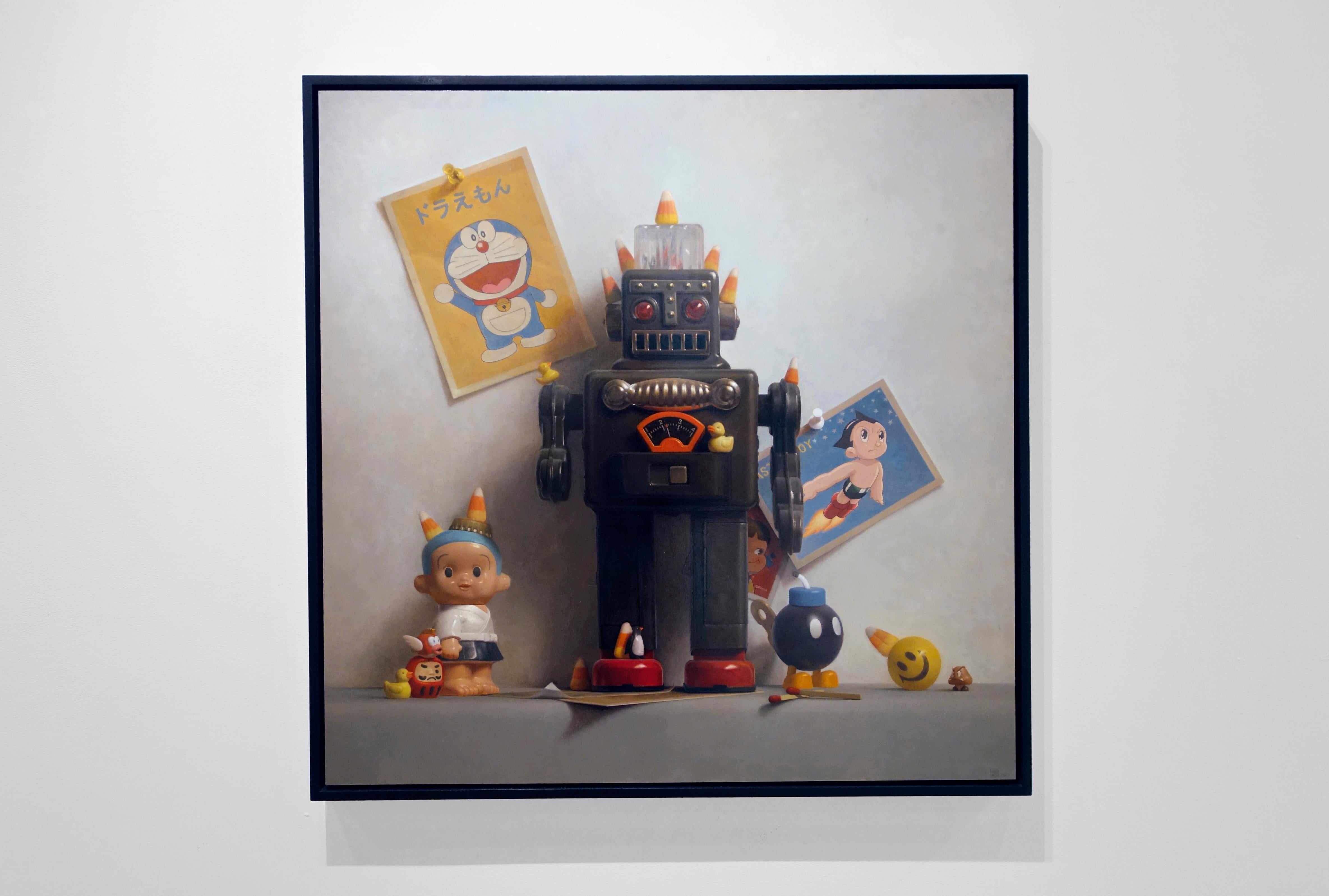 SMOKING ROBOT, hyper-realist, still-life, toy robot, toy figures, yellow, blue - Painting by Samuel Hung