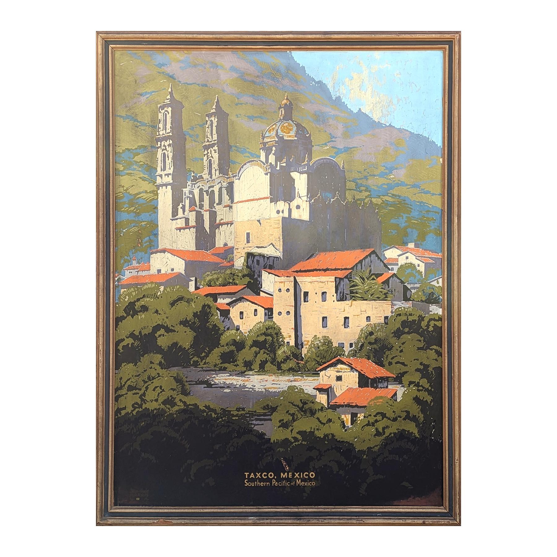 Early Modern Railroad Travel Advertising Serigraph of a Church in Taxco, Mexico - Print by Samuel Hyde Harris