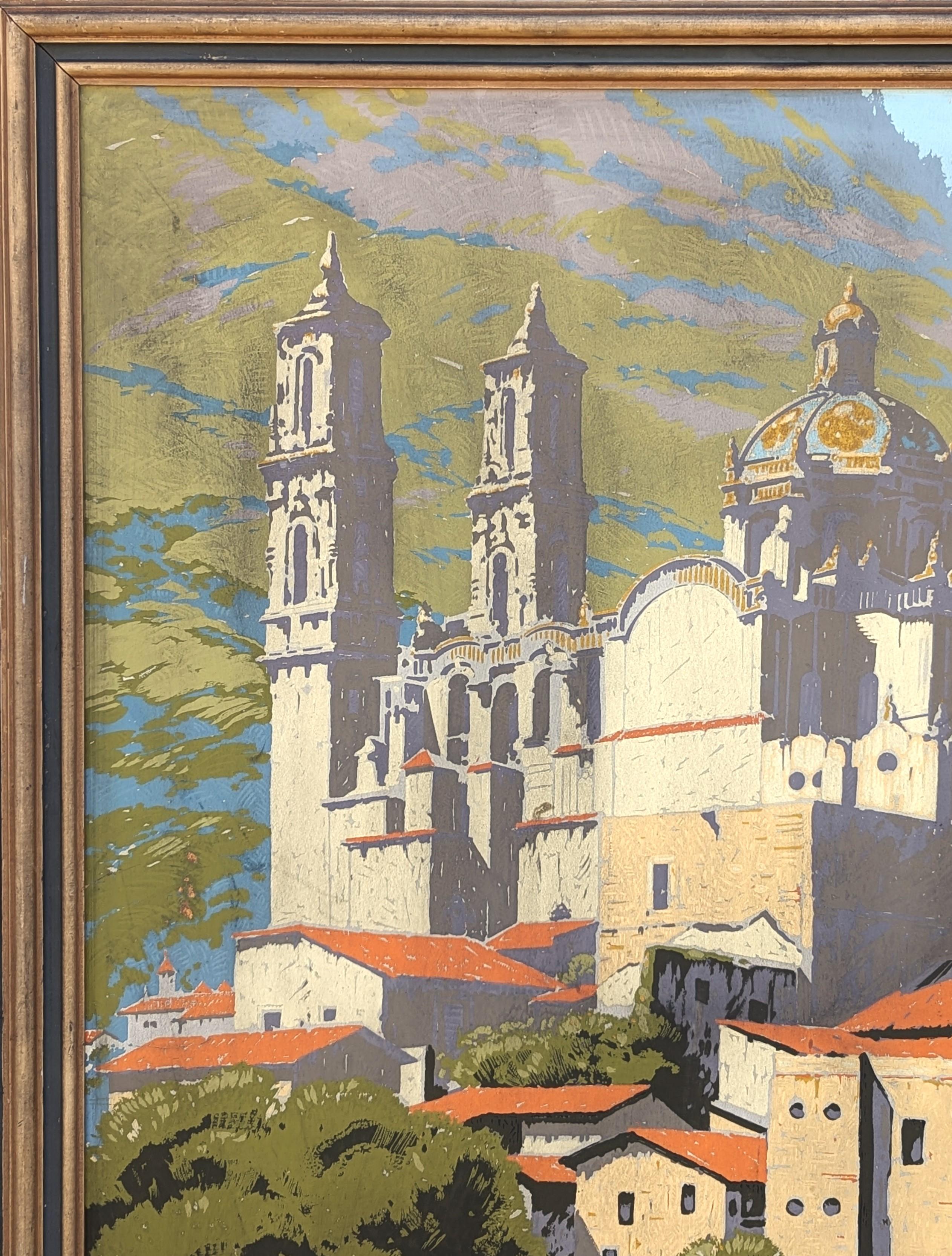 Early Modern Railroad Travel Advertising Serigraph of a Church in Taxco, Mexico - Brown Landscape Print by Samuel Hyde Harris