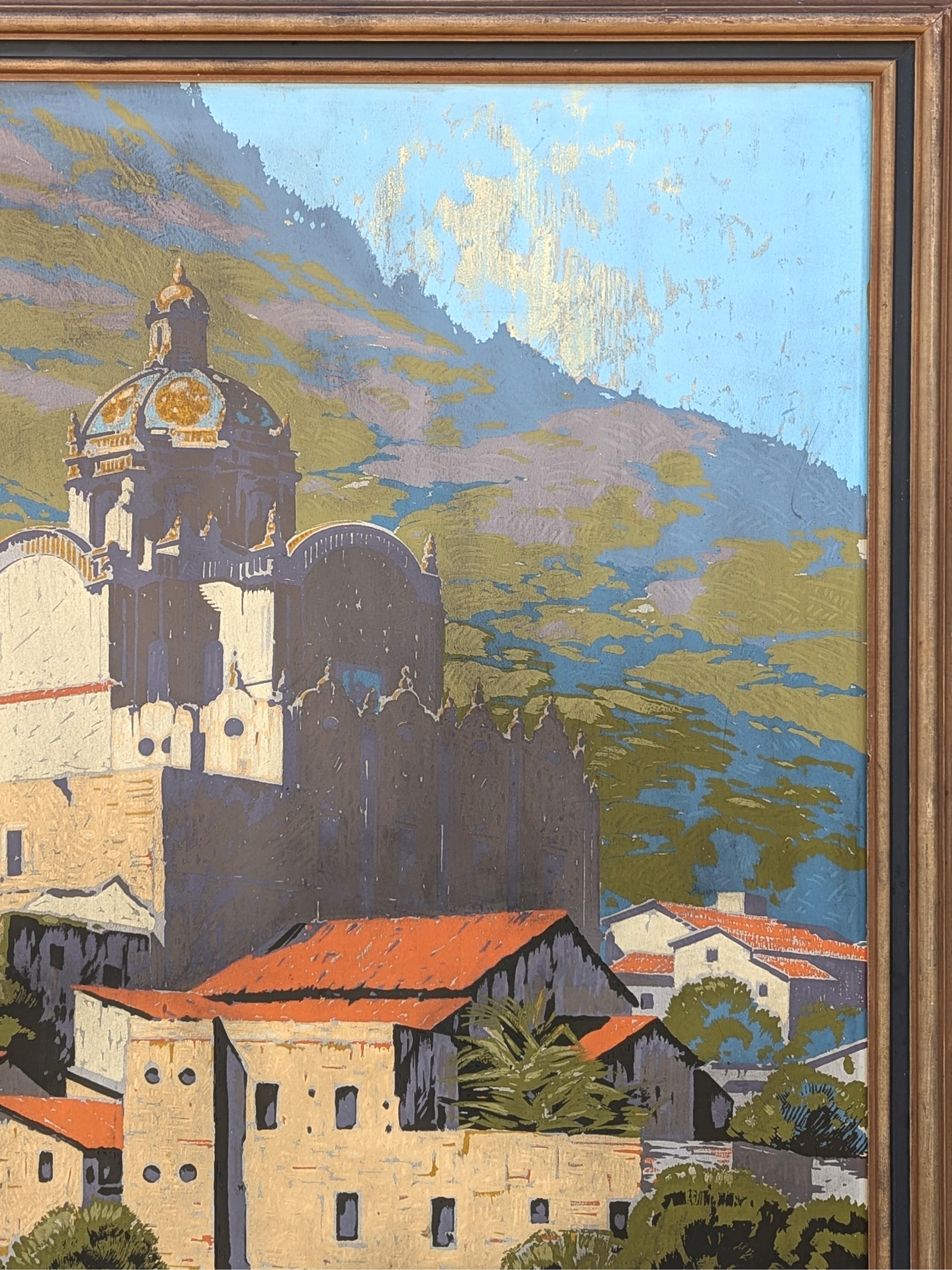 Vintage early modern railroad advertising travel poster based on an original oil painting by Californian artist Samuel Hyde Harris and printed by Velvetone Poster Co. The work features an idyllic view of the Church of Santa Prisca and San Sebastian