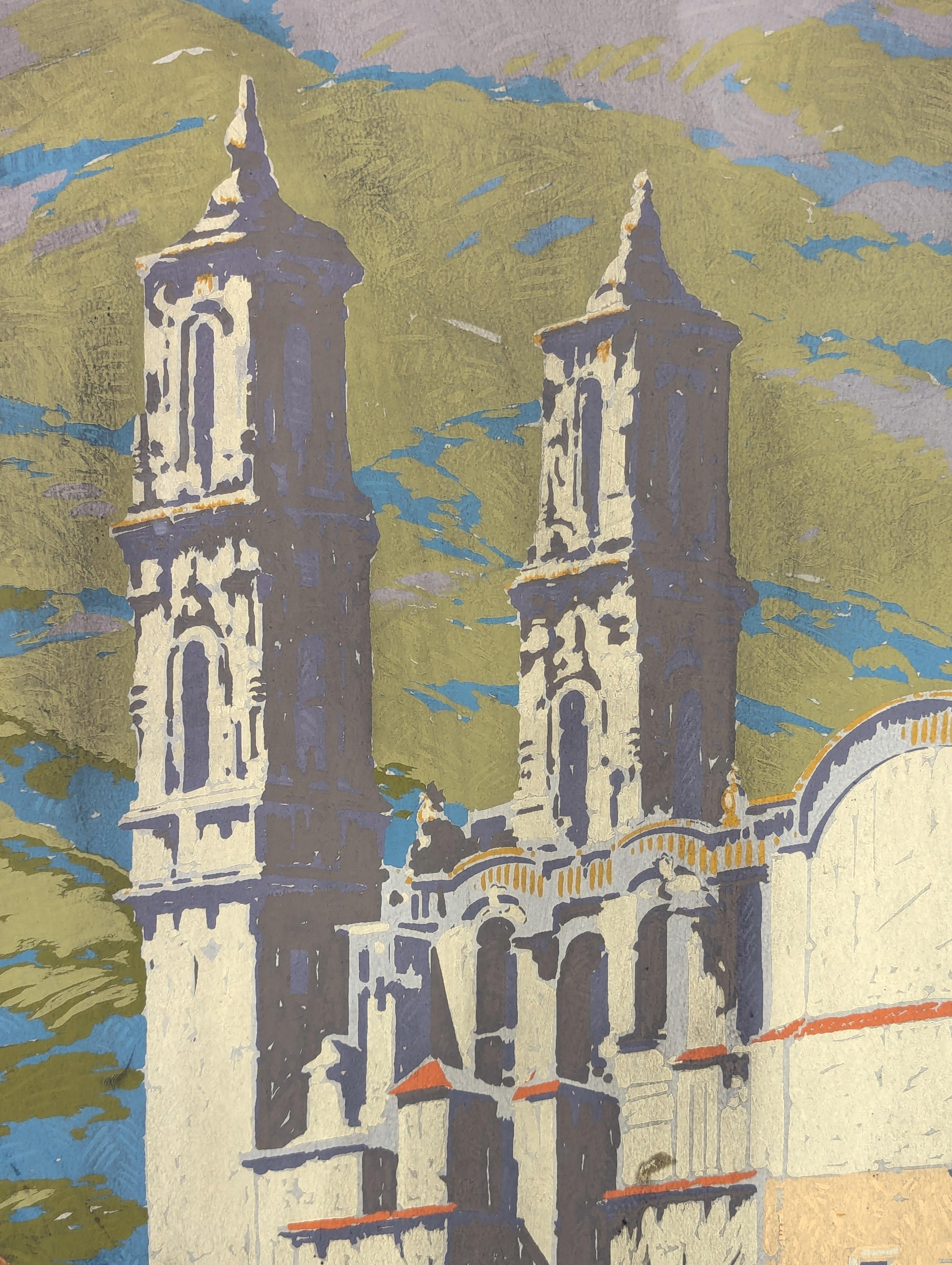 Early Modern Railroad Travel Advertising Serigraph of a Church in Taxco, Mexico For Sale 5