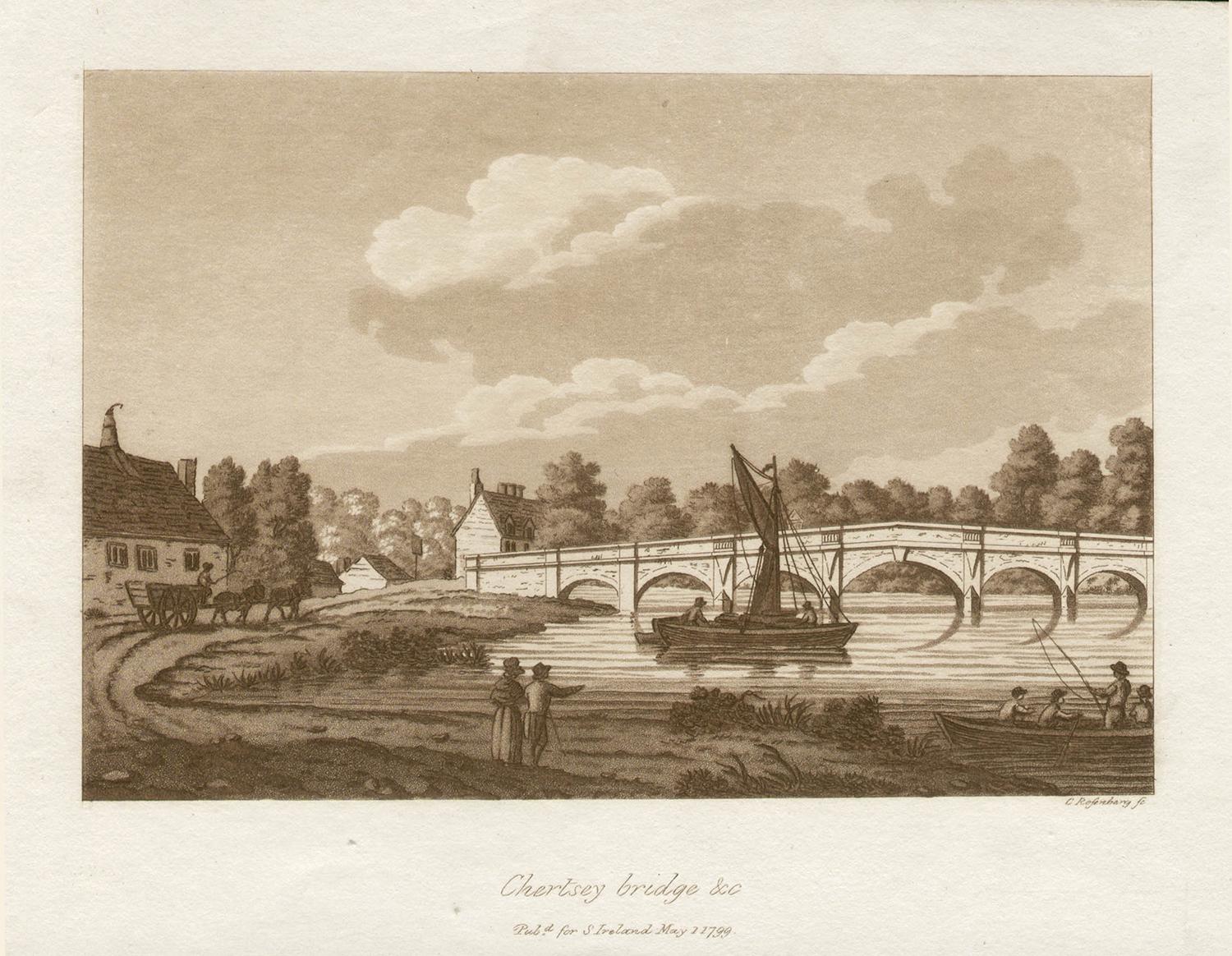 Chertsey Bridge, Surrey, Thames, late 18th century English sepia aquatint, 1799