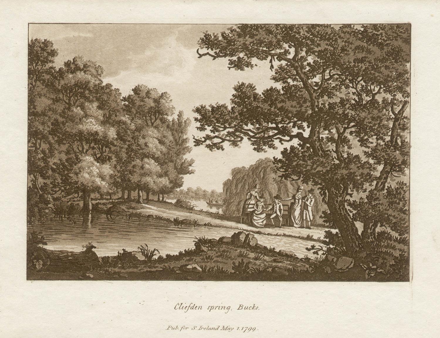 Samuel Ireland Landscape Print - Cliveden spring, Bucks, Thames, late 18th century English sepia aquatint, 1799