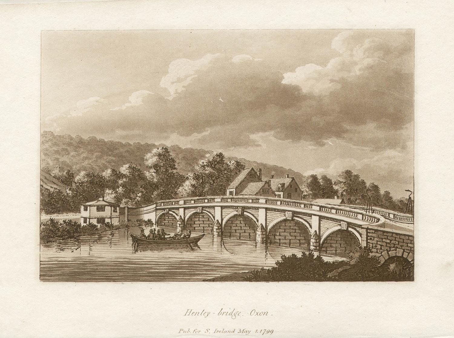 Henley-bridge, Oxon, Thames, late 18th century English sepia aquatint, 1799