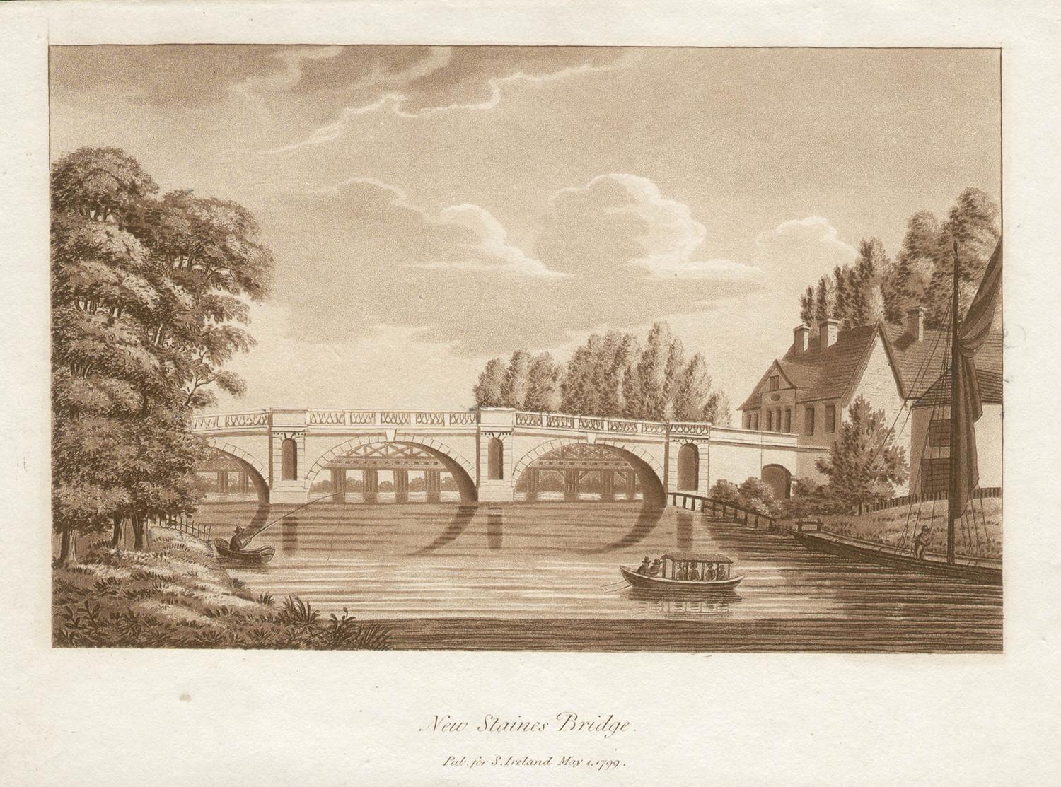 Samuel Ireland Landscape Print - New Staines Bridge, late 18th century English sepia aquatint, 1799