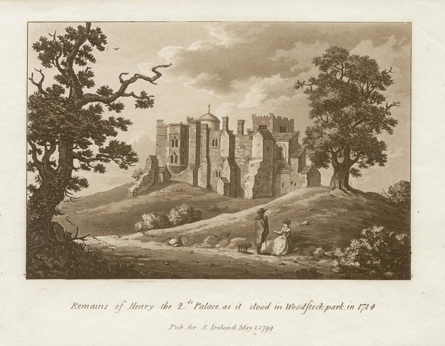 Remains of Henry II's Palace, late 18th century English sepia aquatint, 1799
