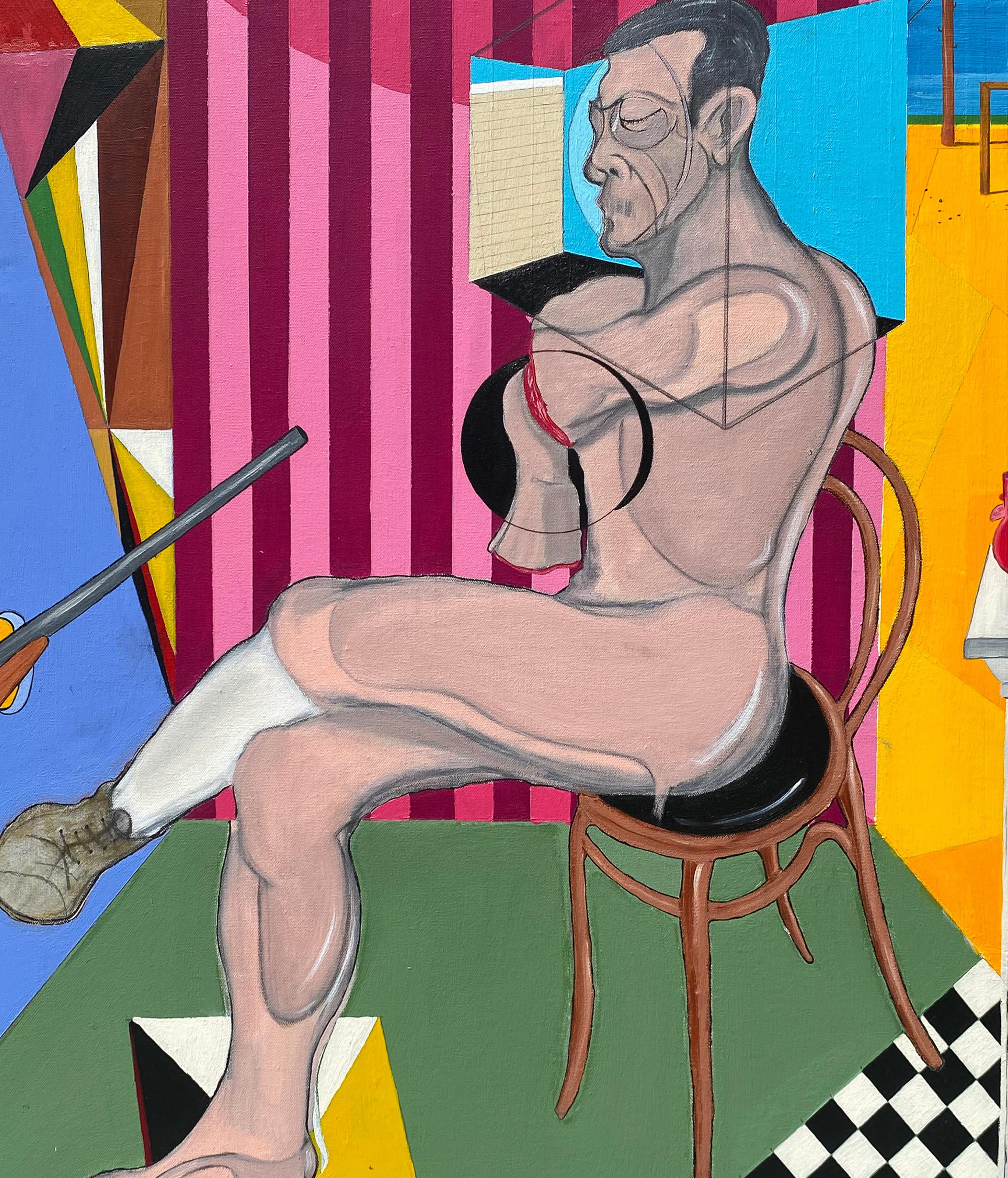 Man and Chair, Surrealist Oil and Acrylic Painting by Samuel Iztueta For Sale 1
