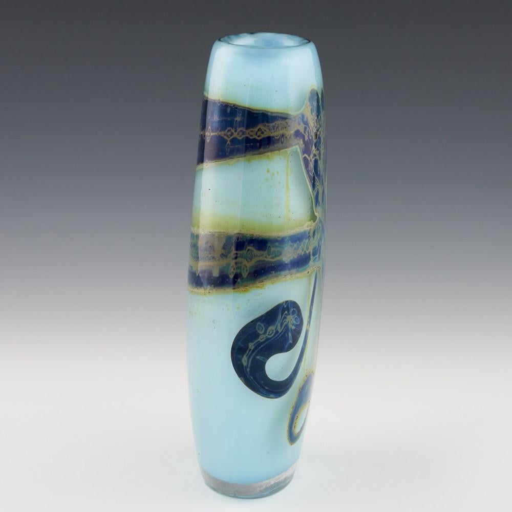 Heading : Samuel J Herman designed vase for Val St Lambert
Date : c1975
Origin : Seraing, Belgium
Bowl Features : A pale blue gound cased in clear glass overlaid with an abstract design. One of the Eldorado collection
Marks : Incised signatured