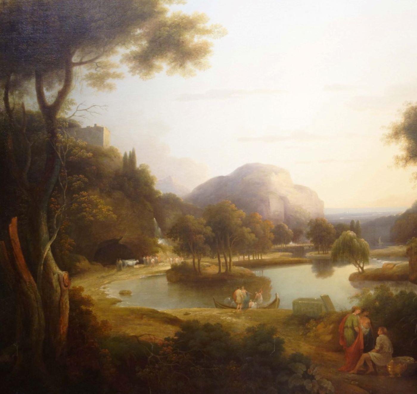 A Gathering by a Lake in the Roman Campagna (Un groupe près d'un lac) - Marron Landscape Painting par Samuel James Ainsley