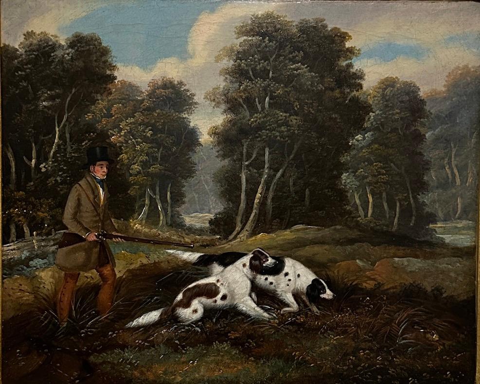 19th century English Sportsman out shooting with his dogs in a landscape - Painting by Samuel John Egbert Jones