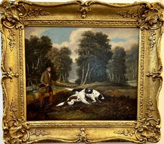 Englischer Sportmann aus dem 19. Jahrhundert, der mit seinen Hunden in einer Landschaft