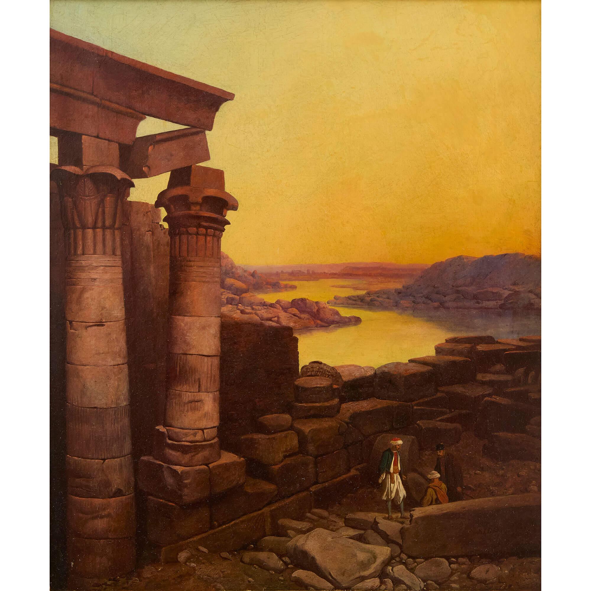 Antike Ölgemälde Orientalist Ägypten Nil Sonnenuntergang Samuel John Egbert Jones im Angebot 1