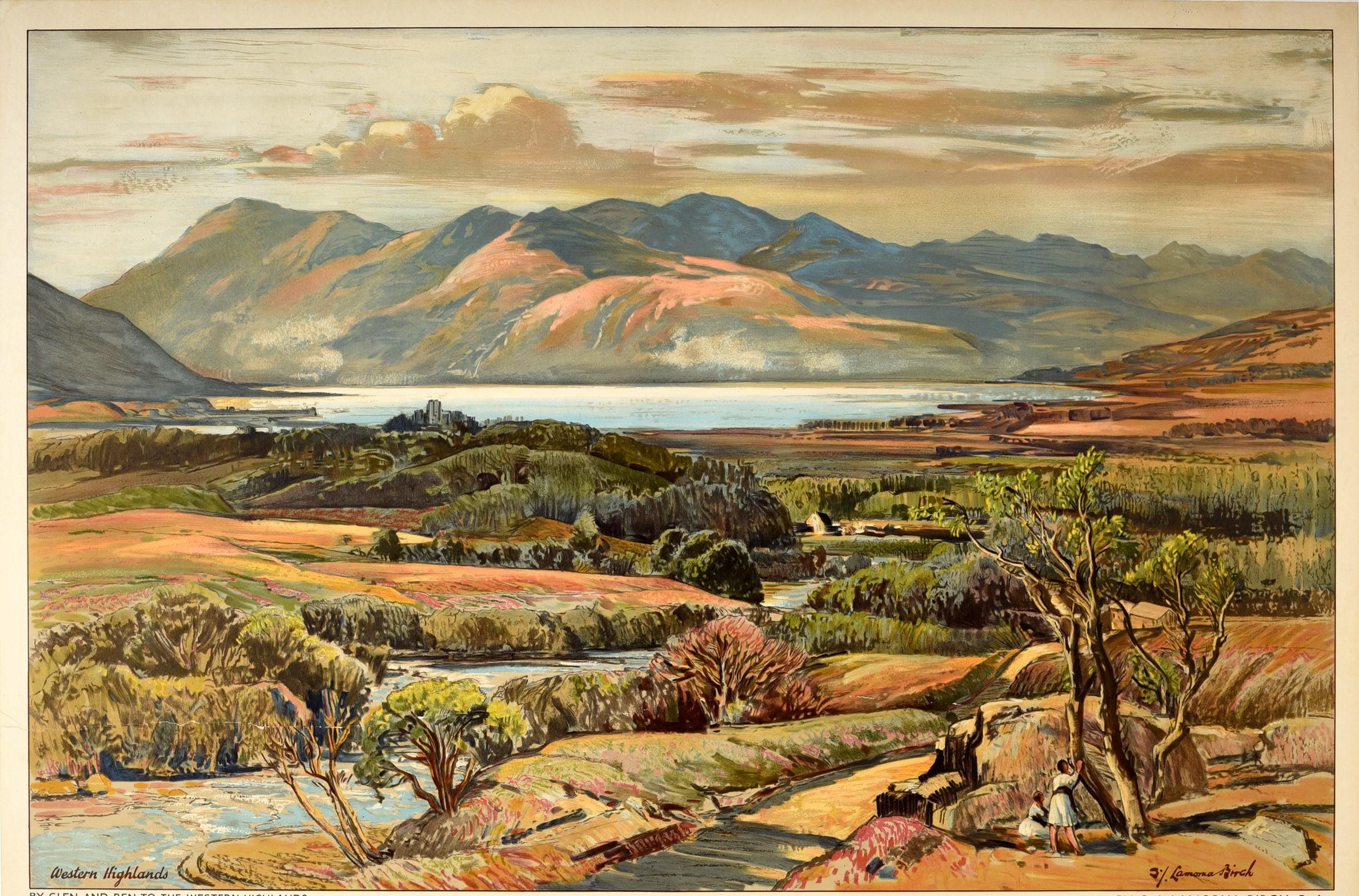 Poster ferroviario originale d'epoca LNER LMS di Ben & Glen per le Highlands occidentali - Print di Samuel John Lamorna Birch