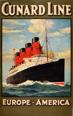 Original Antique Travel Advertising Poster Cunard Line Europe America Cruise