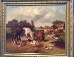 English barnyard with horses, cows, ducks, sheep and goats