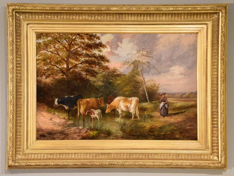 Oil Painting by Samuel Joseph Clark “The Cow Maid”. Samuel Joseph Clark 1841-1928 born into the Clark family of painters, much influenced by J.F Herring. Lived in Islington. Oil on canvas. Signed in fine original frame. 

Dimensions unframed 24 x