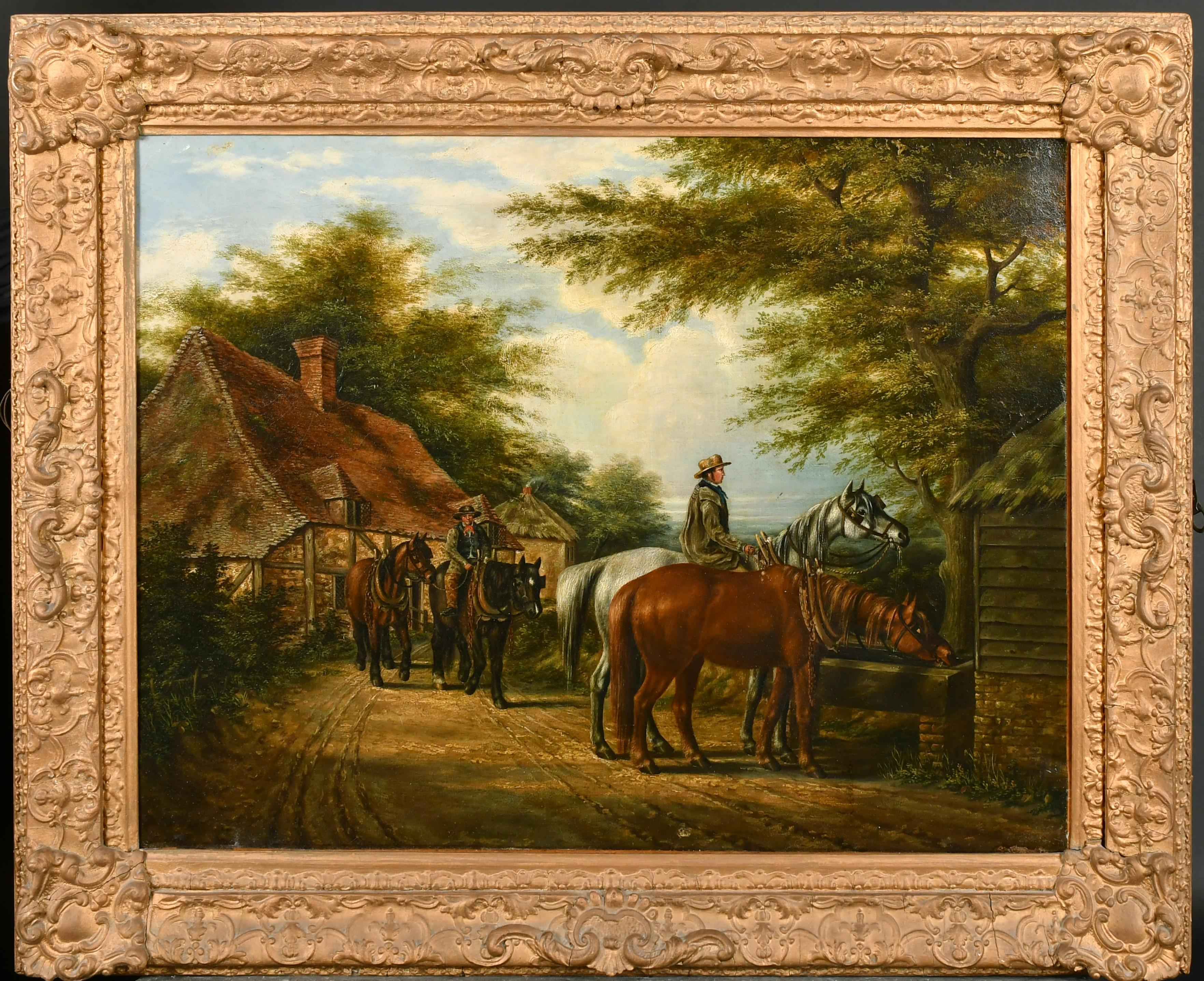 Des chevaux à l'huile britanniques victoriens boignant de l'eau dans un village rural de campagne - Painting de Samuel Joseph Clark