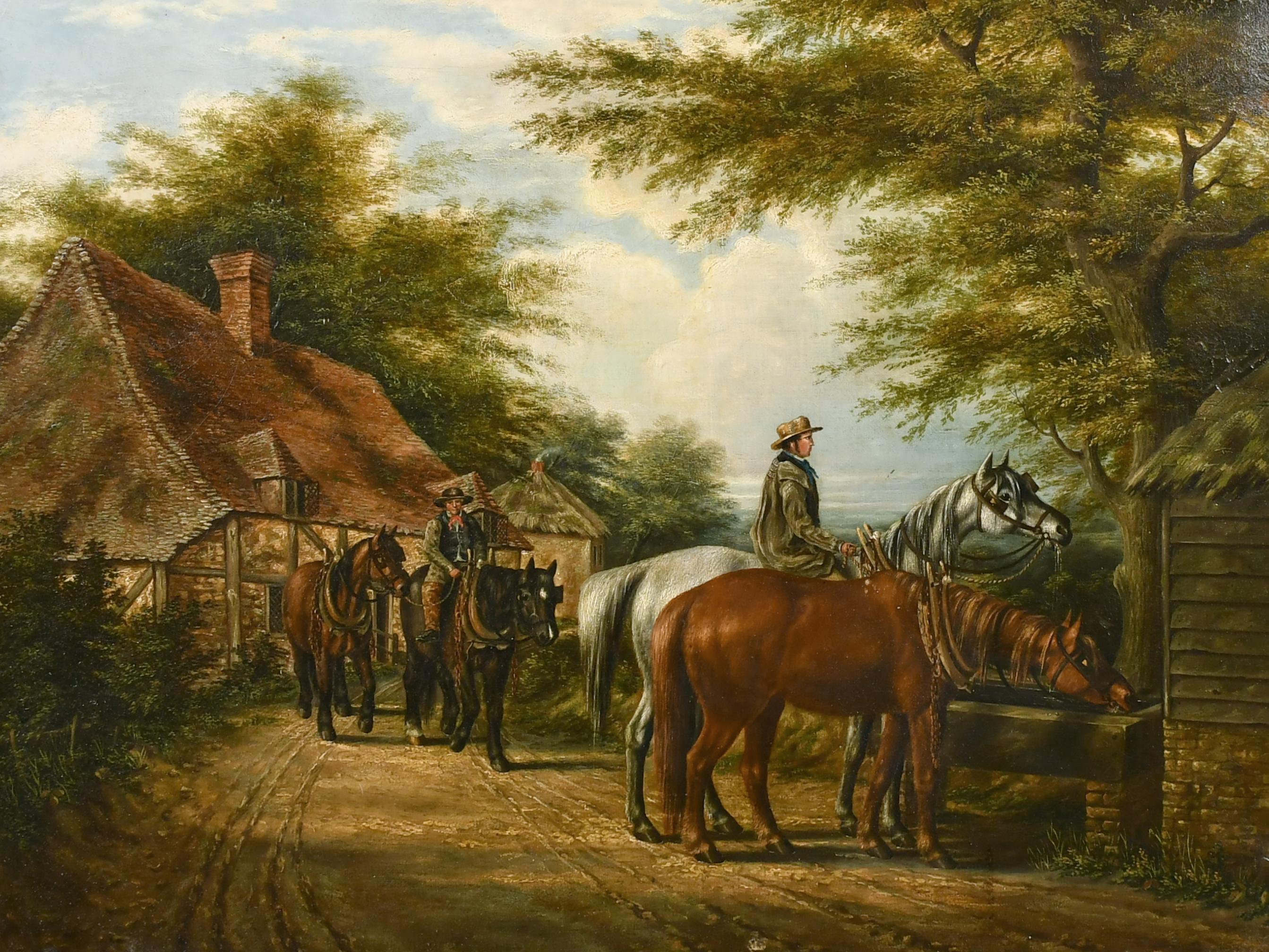 Figurative Painting Samuel Joseph Clark - Des chevaux à l'huile britanniques victoriens boignant de l'eau dans un village rural de campagne