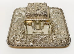Samuel Kirk & Son Floral Repouse 11oz Silver & Crystal Inkstand, circa 1860